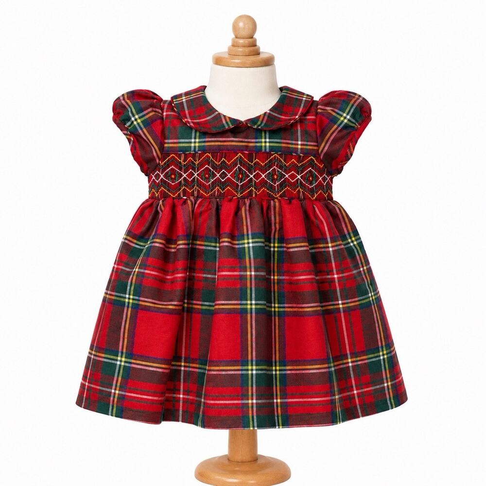 Laura Ashley Infant Holiday Dress 0-3 Months Red & Green Plaid Front Smocking